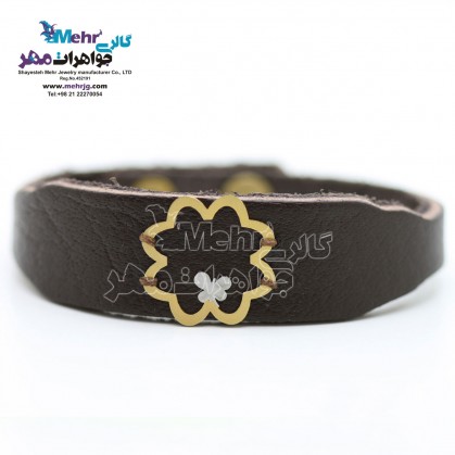 دستبند طلا و چرم - طرح گل و پروانه-SB0553